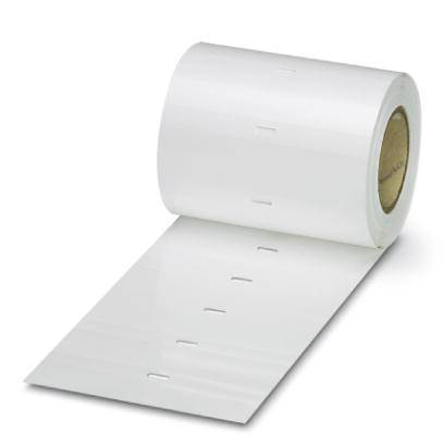 Eine weiße Etikettenrolle mit vorgestanzten Einzeletiketten, geeignet für Druck- oder Beschriftungszwecke.