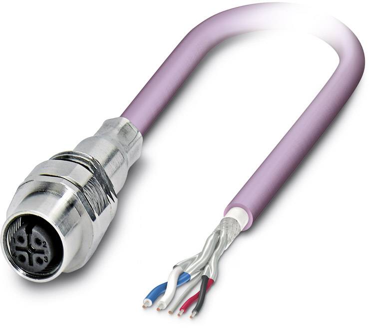 Ein lilafarbenes Kabel mit einem Metallstecker am einen Ende und abisolierten Drähten am anderen. Geeignet für elektronische Verbindungen.