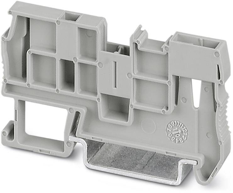 Graue elektrische Reihenklemme in Plastikgehäuse für Schraubmontage, mit mehreren Anschlusspunkten. Ideal für industrielle Anwendungen.