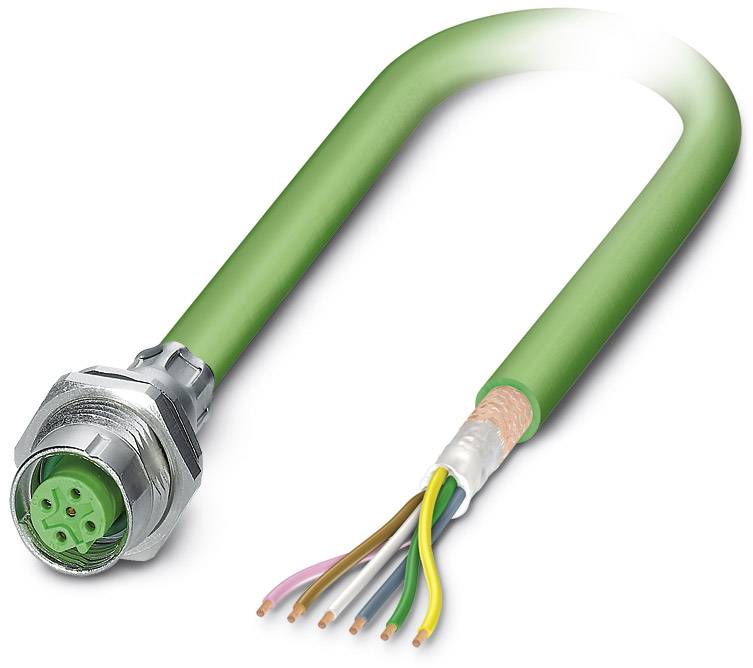 Grünes, teiloffenes Kabel mit Steckverbinder und sieben verschiedenfarbigen Adern, geeignet für industrielle Anwendungen.