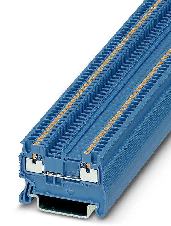 Ein blauer Reihenklemmenblock mit zwei Reihen von Anschlusspunkten für elektrische Anwendungen, Seitenansicht.