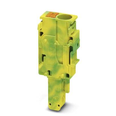 Ein gelb-grüner, isolierter elektrischer Steckverbinder mit einem Loch an der Oberseite.