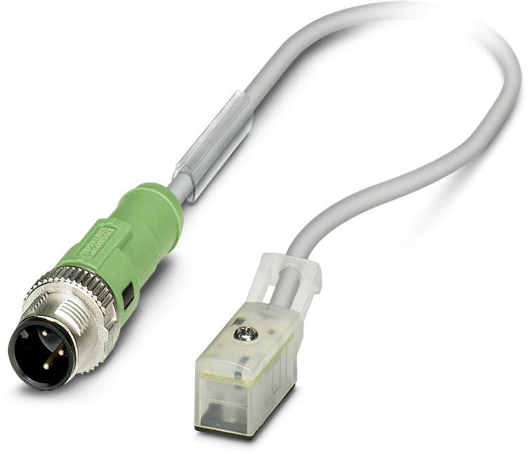 Ein grüner, runder Stecker ist mit einem grauen Kabel verbunden, das in einen rechteckigen, transparenten Anschluss mündet.