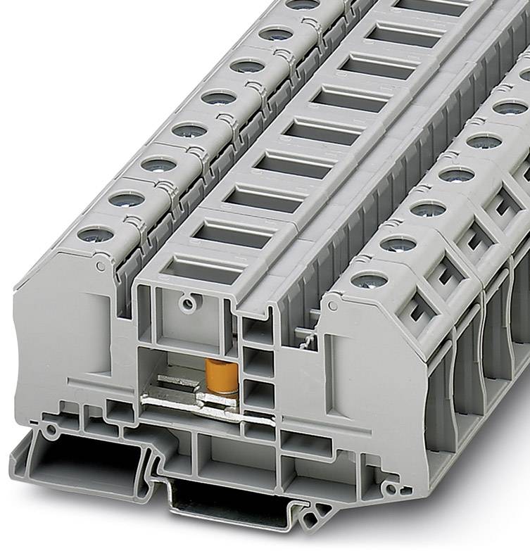 Grauer, modularer Reihenklemmenblock in Nahaufnahme, mit mehreren Anschlussstellen und einem orangen Hebel im unteren Bereich zur elektrischen Verbindung.