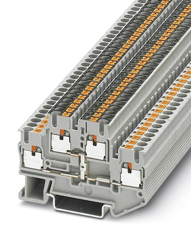 Graue Reihenklemme mit mehreren gelben Anschlüssen, gestapelt in mehreren Schichten, genutzt für elektrische Verbindungen in Schaltschränken.