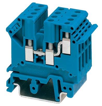 Ein blauer Steckklemmenblock mit Metallteilen, zur Befestigung und Verbindung von elektrischen Drähten in Schaltkästen verwendet.