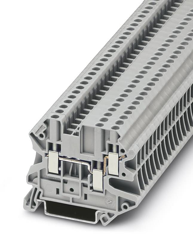 Industrielle graue Reihenklemme mit zahlreichen Anschlusspunkten, seitliche Ansicht, zeigt die interne Metallkomponente.
