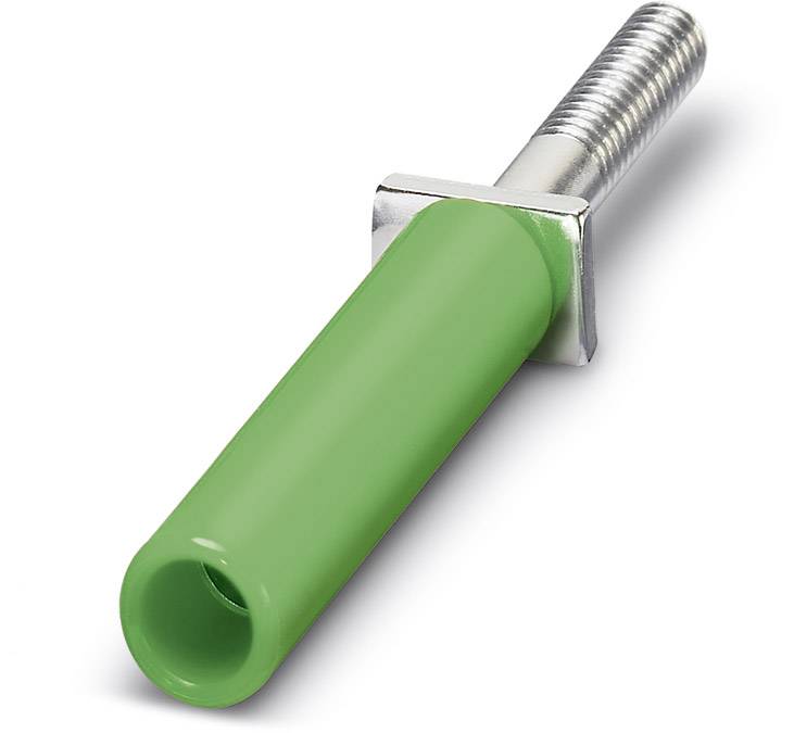 Eine grüne Kunststoffhülle umschließt einen Metallbolzen mit einem quadratischen Ansatz und einem Schraubgewinde.