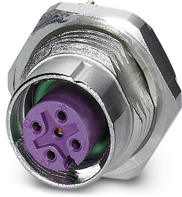 Metall-Steckverbinder mit einem lila Fünf-Pin-Stecker im Inneren, umgeben von einem sechseckigen Gehäuse.