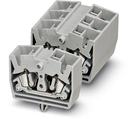 Graues, technisches Bauteil, das aus zwei verbundenen Steckklemmen besteht. Es zeigt die interne Struktur und Verbindungsmechanismen.