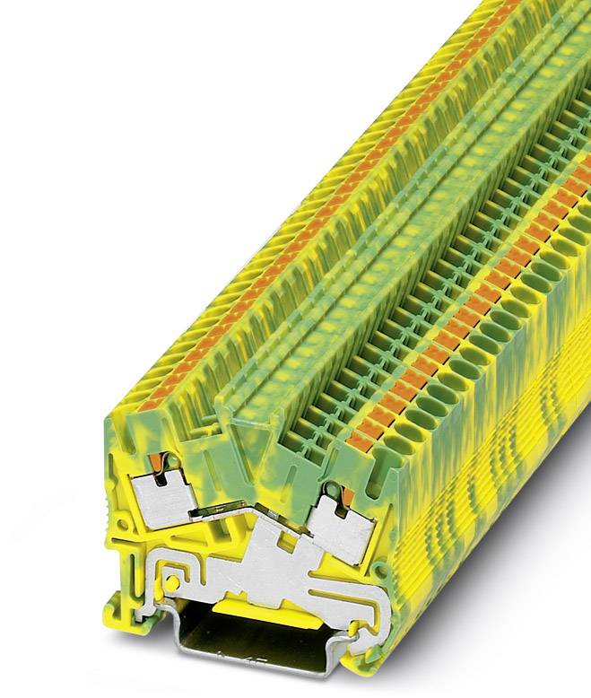 Elektrischer Reihenklemmenblock in gelb-grünem Schutzleiter-Farbcode, zeigt die Kontakt- und Anschlussmechanismen im Querschnitt.