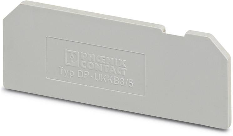 Ein graues Endabschottungsstück von Phoenix Contact, Typ DP-UKKKB/5, verwendet zur Trennung und Isolierung in elektrischen Installationen.