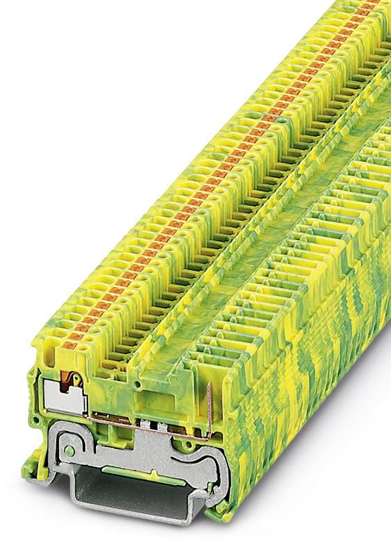 Ein gelb-grüner Reihenklemmenblock, der Kontakte zum Anschluss elektrischer Drähte enthält. Verwendet zur sicheren Verkabelung.
