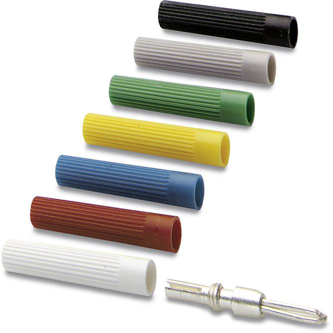 Bunte Aderendhülsen umgeben einen Metallkontakt. Von oben nach unten: Schwarz, Grau, Grün, Gelb, Blau, Rot und Weiß.