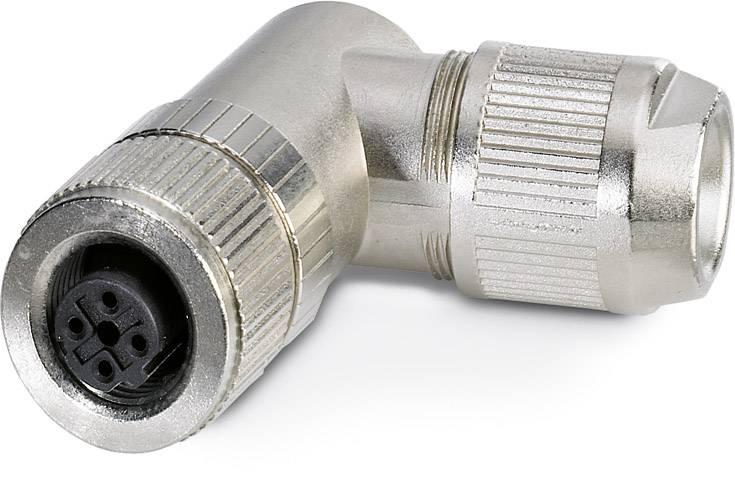 Metallischer rechter Winkelstecker mit mehreren Steckplätzen, geeignet für industrielle elektrische Verbindungen und Kabelmanagement.