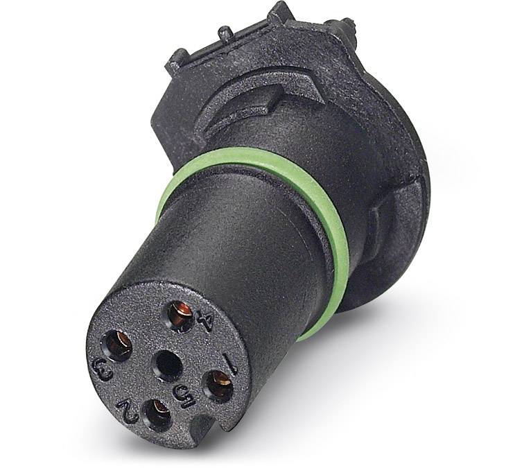 Schwarzer, zylindrischer elektrischer Stecker mit grünem Ring, sechs sichtbaren Pins und Buchstabenkennzeichnung neben jedem Pin.