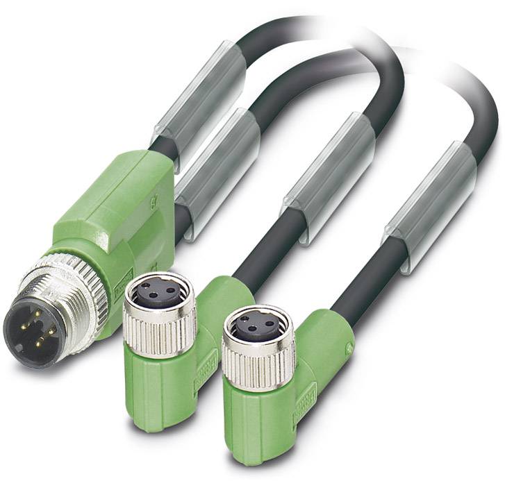 Grünes Y-Kabel mit einem männlichen und zwei weiblichen Steckern, geeignet für industrielle Anwendungen.