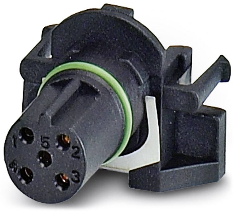 Ein schwarzer, runder elektrischer Stecker mit fünf nummerierten Anschlussöffnungen und grünem Ring.
