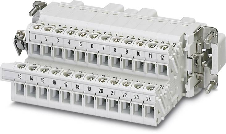 Ein weißer elektrischer Reihenklemmenblock mit 24 nummerierten Anschlüssen, zwei Halterungen an den Seiten, zur elektrischen Verdrahtung.