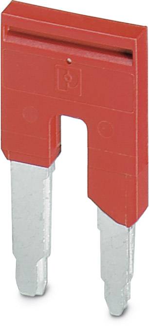 Ein roter, rechteckiger Sicherungsstecker mit zwei metallischen Stiften, verwendet zur elektrischen Verbindung oder Absicherung.