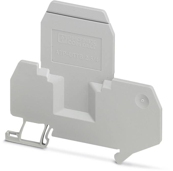 Ein grauer Isolationsabschluss-Deckel mit der Aufschrift 'ATP-UTTB 2.5/4', kompatibel mit Trennklemmen für sicheren Stromanschluss.