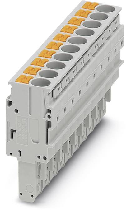 Ein grauer, elektrischer Klemmenblock mit elf orangefarbenen Klemmen, geeignet zur Verbindung mehrerer elektrischer Leiter.
