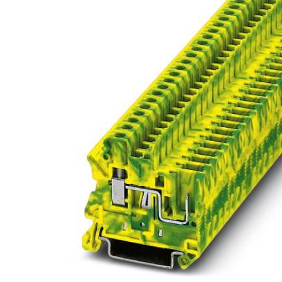 Eine gelb-grüne Reihenklemme mit mehreren Steckplätzen zur elektrischen Verbindung von Drähten. Ideal für Schaltschrankanwendungen.