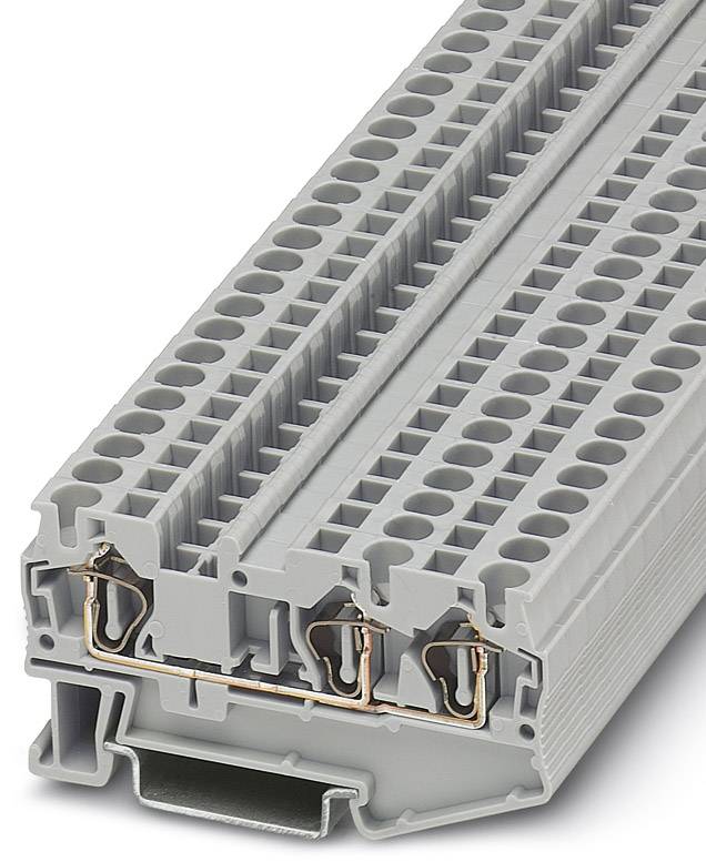 Ein grauer doppelstöckiger Reihenklemmenblock mit mehreren Anschlusspunkten, für den elektrischen Anschluss in Schaltschränken geeignet.