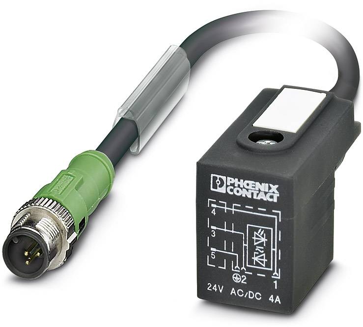Ein schwarzes Elektronikmodul mit einem Diagramm und '24V AC/DC 4A' vorne, verbunden mit einem grünen Kabelstecker.