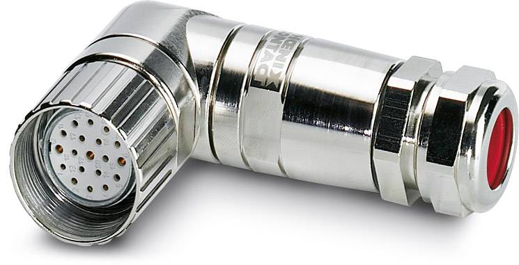 Ein silberner, gewinkelter Metallstecker mit mehreren runden Kontaktstiften und roter Abdichtung, für technische Anwendungen geeignet.