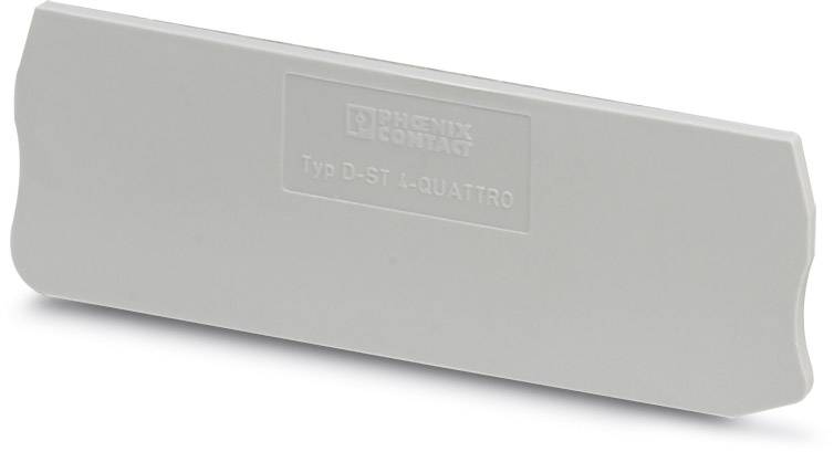 Eine graue Abdeckkappe mit der Aufschrift 'PHOENIX CONTACT Typ D-ST 1-QUATTRO' in der Mitte, verwendet für elektrische Anschlüsse.
