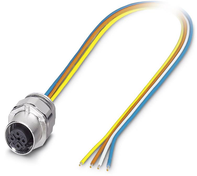 Ein mehradriges elektrisches Kabel mit Metallstecker, fünf farbige Drähte, geeignet für industrielle Verbindungen und Steuerungssysteme.