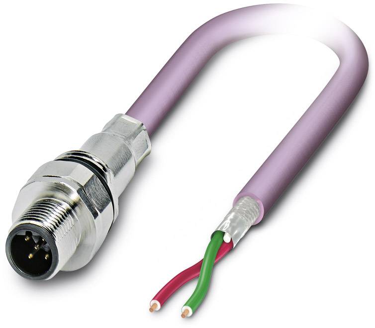 Lila Kabel mit Metallstecker und sichtbaren roten und grünen Adern am Ende, geeignet für industrielle oder elektrische Anwendungen.