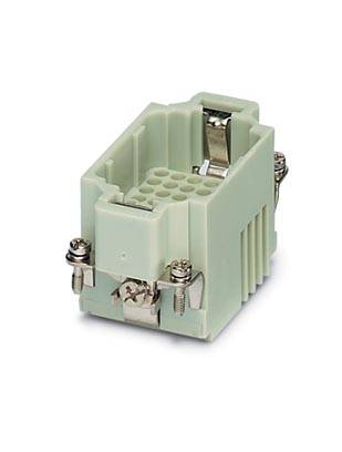 Ein rechteckiger, hellgrüner elektrischer Stecker mit mehreren Pins und Schrauben, zum Anschluss von Kabeln in elektronischen Geräten.