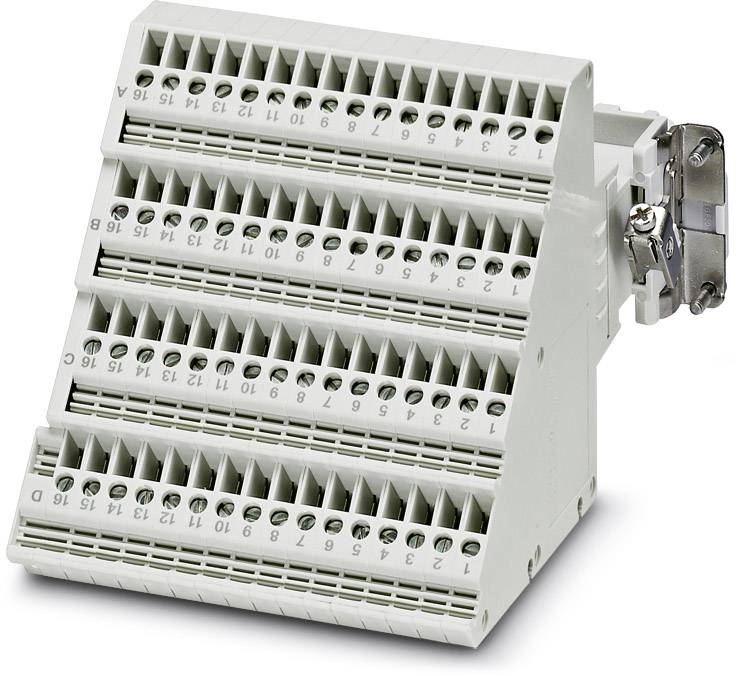 Ein weißer, schräg gestellter Klemmenblock mit mehreren nummerierten Anschlussstellen, verwendet für elektrische Verbindungen.