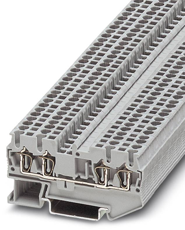 Ein grauer Reihenklemmenblock mit zwei Ebenen für elektrische Anschlüsse, geeignet für die Verdrahtung in Schalttafeln und Schaltschränken.