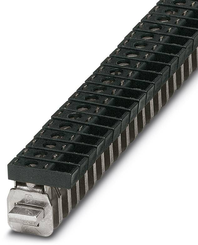 Grau-schwarze Reihenklemme aus Kunststoff und Metall, in einer Reihe angeordnet. Geeignet für elektrische Verbindungen in Schaltschränken.