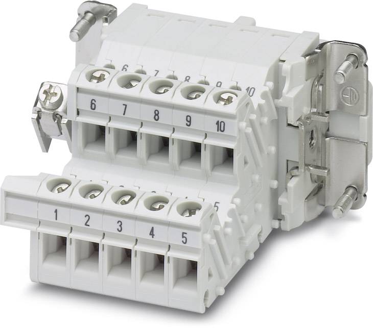 Ein weißer elektrischer Klemmenblock mit 10 nummerierten Anschlüssen, fünf oben (6-10) und fünf unten (1-5). Geeignet für Kabelverbindungen.