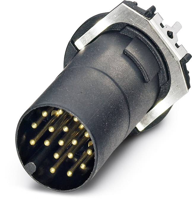 Schwarzer, runder Mehrfachstecker mit goldenen Stiften und Metallverriegelung, für den Anschluss von elektronischen Geräten.