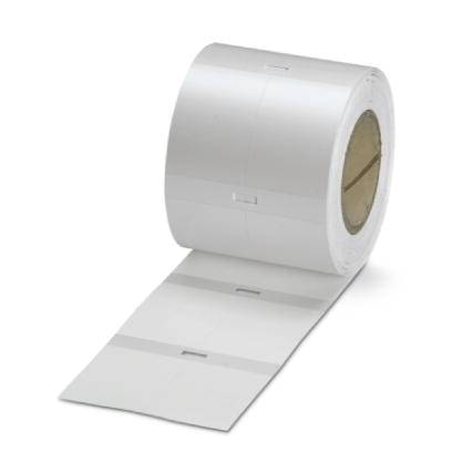Weiße Rolle Thermopapieretiketten mit abziehbaren einzelnen Etiketten auf der ausgerollten Bahn. Geeignet für Druckanwendungen.