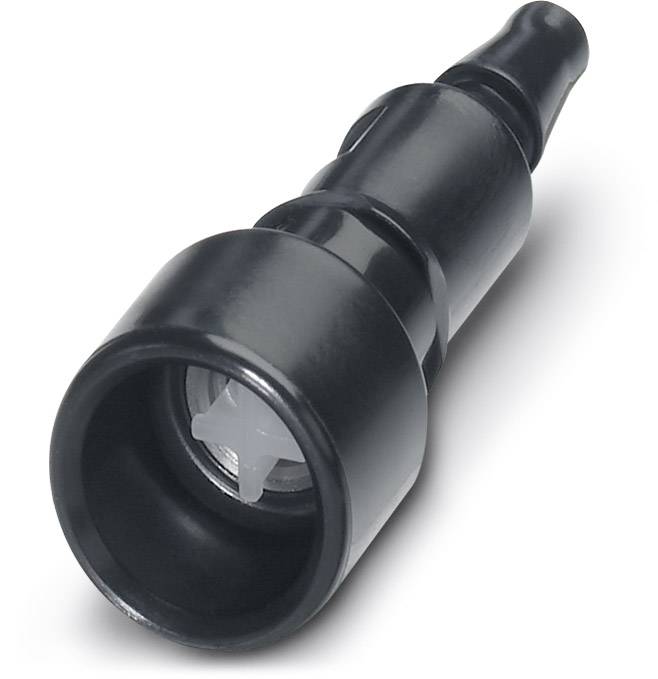 Ein schwarzes, zylindrisches Ventil mit einer konischen Spitze und einem Innengewinde, das für Flüssigkeitsleitungen verwendet wird.