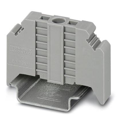Graues Kunststoffterminal von Phoenix Contact. Es hat einen metallischen Sockel und asymmetrische seitliche Einkerbungen.