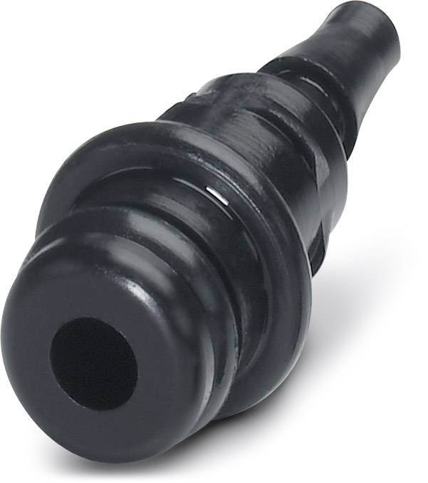 Ein schwarzer Steckverbinder mit geriffelter Oberfläche und konischem Ende, perspektivisch von vorne betrachtet.