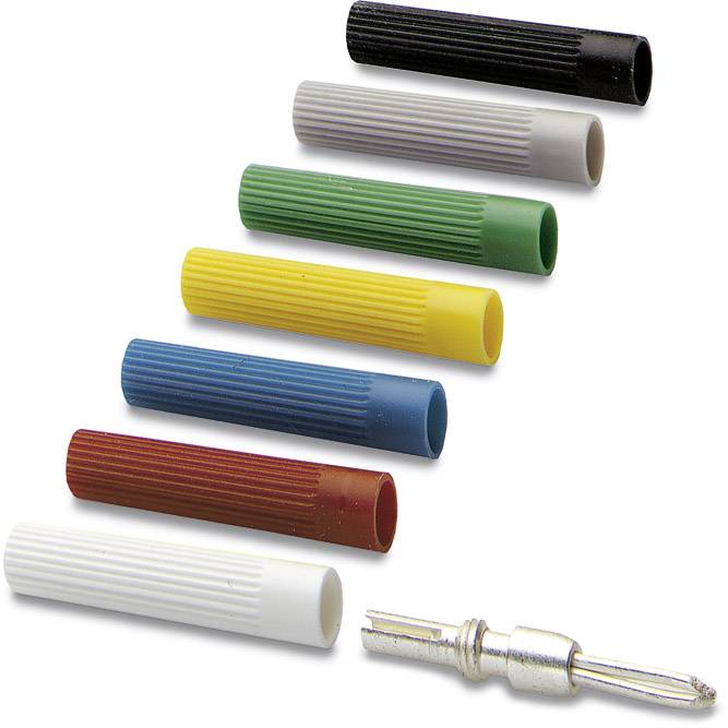 Farbcodierte isolierte Kabelverbinder in verschiedenen Farben (schwarz, grau, grün, gelb, blau, rot, weiß) neben einem Metallstift.