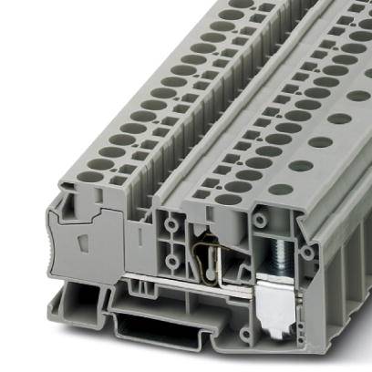 Reihenklemme mit grauem Kunststoffgehäuse, seitlicher Schraube und mehreren Anschlussstellen. Geeignet für Elektronik- oder Schaltanwendungen.