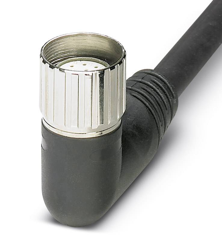 Ein schwarzes Kabel endet in einem rechtwinkligen Stecker mit einer Metallschraubkappe.