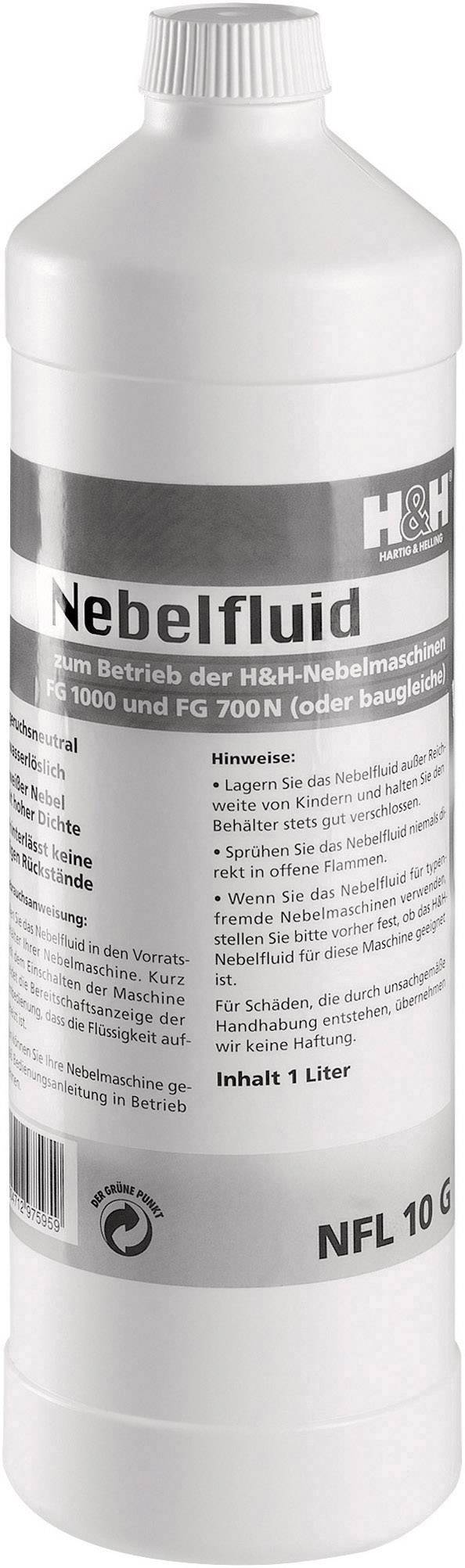 Eine Flasche Nebelfluid für Nebelmaschinen. Etikett enthält Anweisungen, Hinweise zur Verwendung und Warnungen. Marke H&H. Inhalt: 1 Liter.