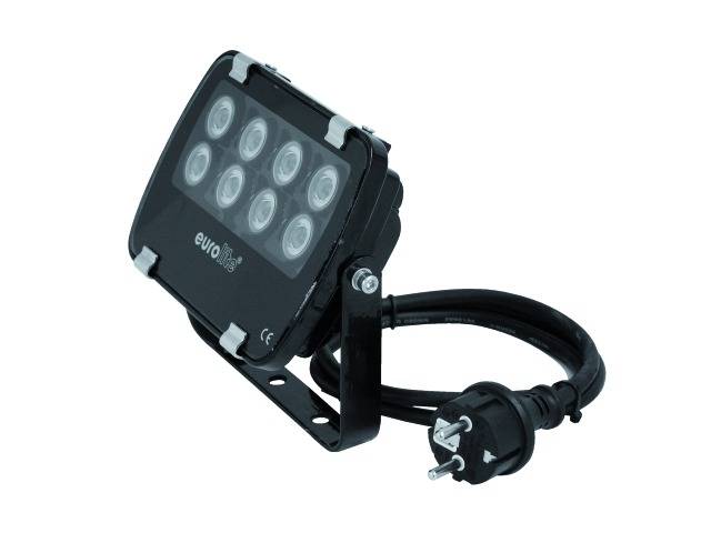 Ein schwarzer LED-Strahler mit neun runden Linsen auf einem verstellbaren Standfuß, angeschlossen an ein Kabel mit EU-Stecker.