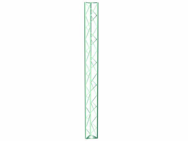Ein schmaler, grüner, vertikaler Turm mit einem einfachen, diagonalen, kreuzenden Strebenmuster in einem schlichten Design.