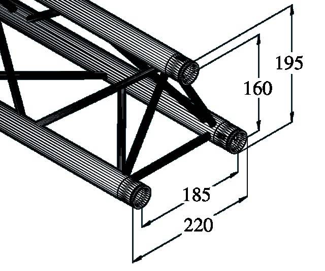 Stahlrahmenkonstruktion mit drei parallelen Rohren und Verstrebungen; Maße: 195, 160, 185, 220 mm angezeigt.